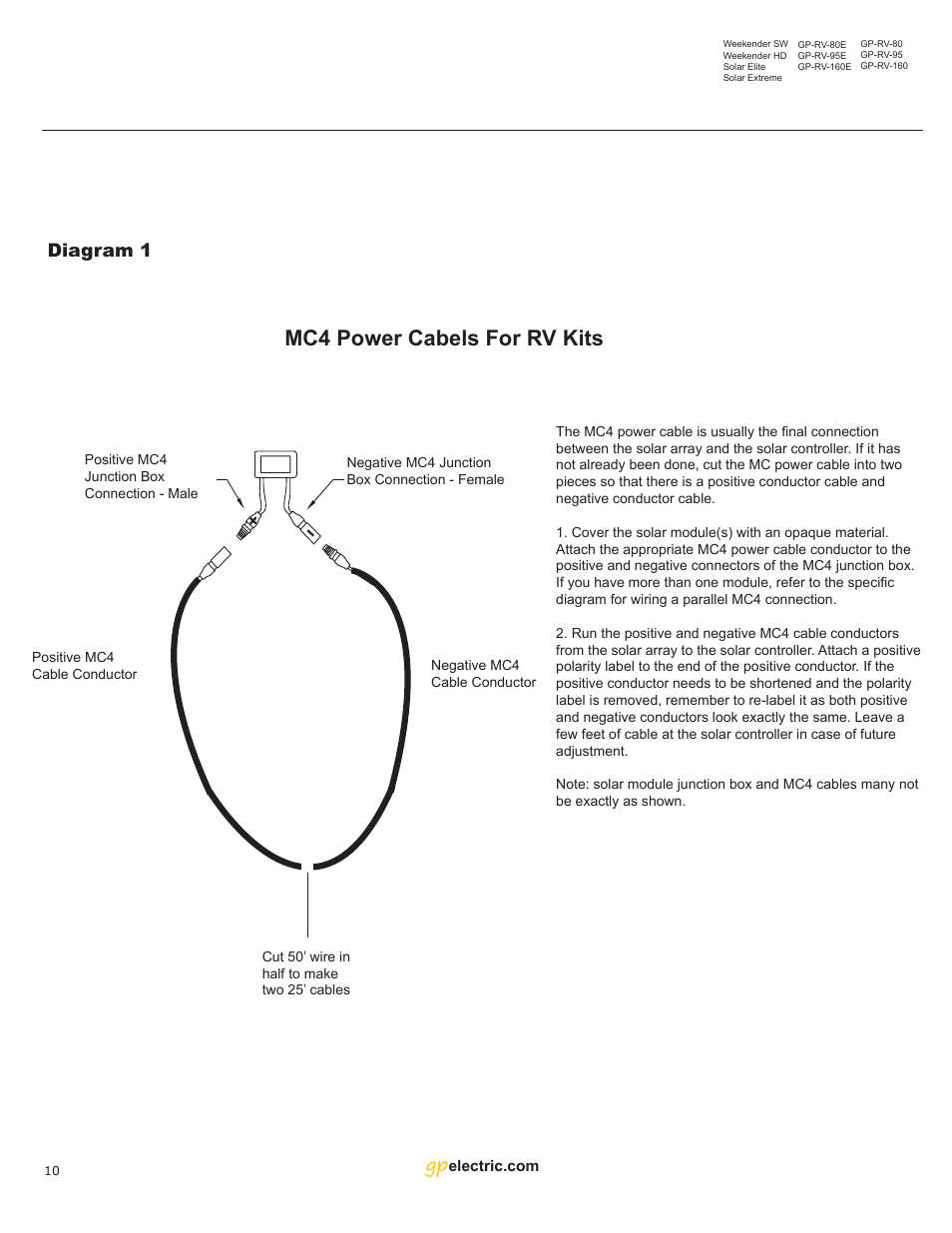 Mc4 power cabels for rv kits, Diagram 1 | Go Power! Solar Extreme User Manual | Page 10 / 16