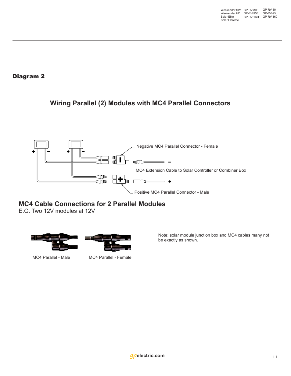 Mc4 cable connections for 2 parallel modules, Diagram 2, E.g. two 12v modules at 12v | Go Power! Solar Extreme User Manual | Page 11 / 16