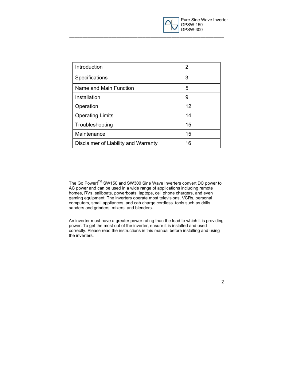 Go Power! GP-SW300 User Manual | Page 2 / 20