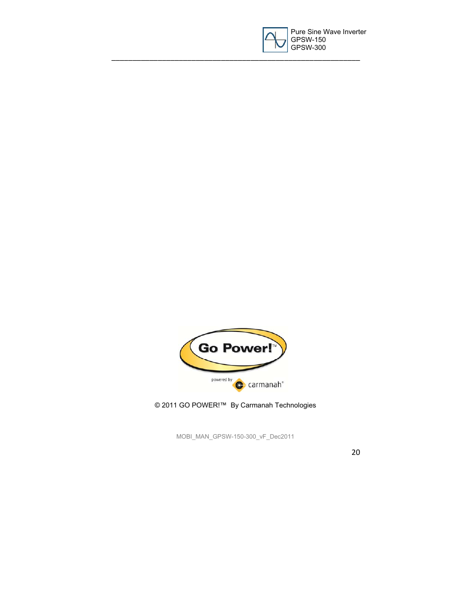 Go Power! GP-SW300 User Manual | Page 20 / 20
