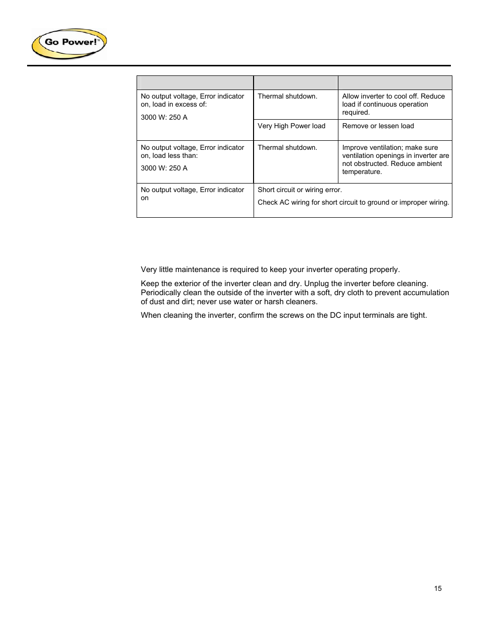 0 maintenance | Go Power! GP-3000HD User Manual | Page 15 / 20