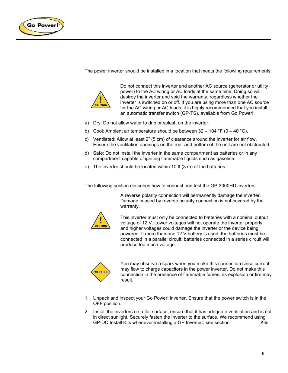 0 installation | Go Power! GP-3000HD User Manual | Page 8 / 20