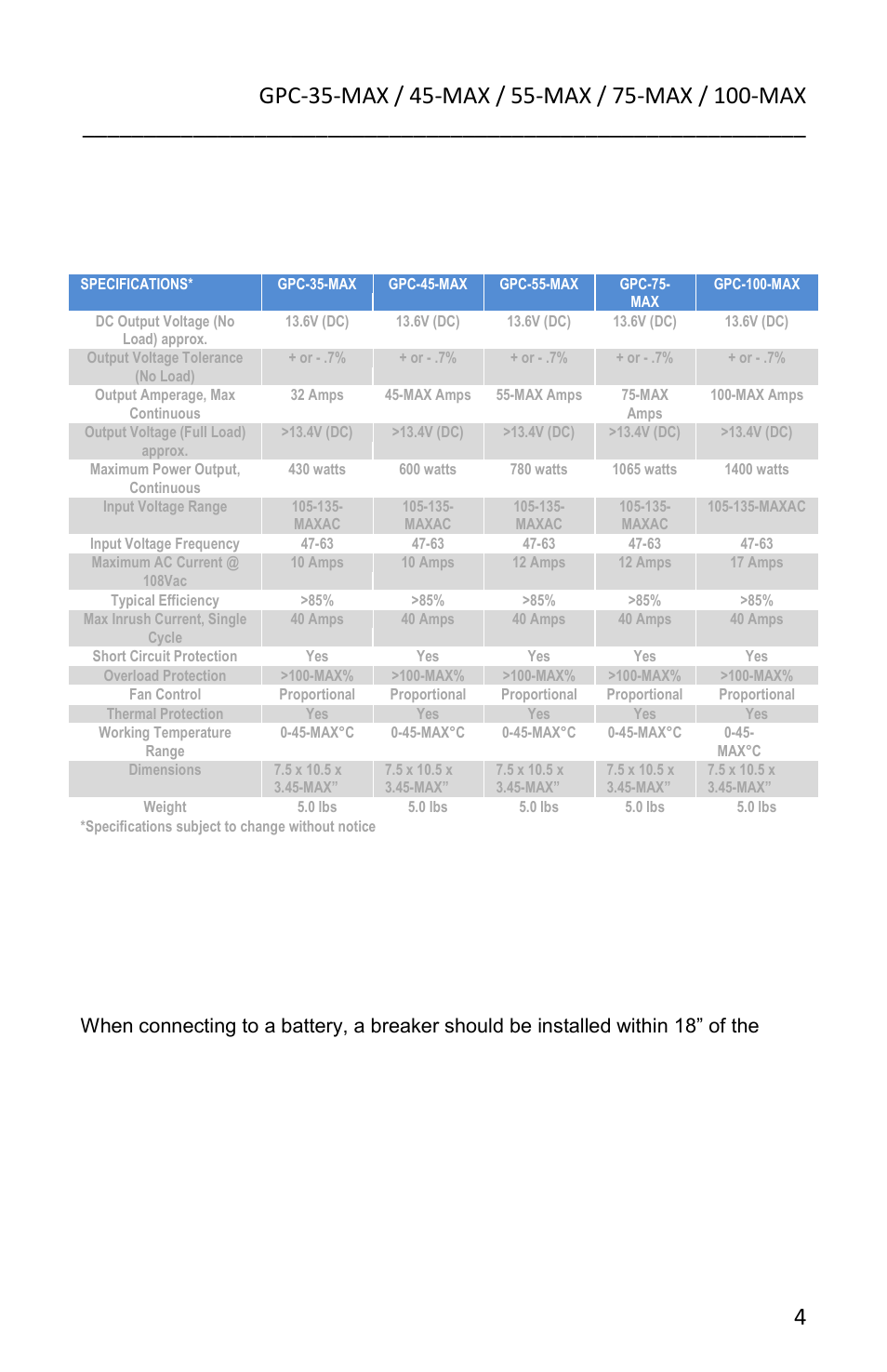 2 electrical specifications, 3 installation, 4 mounting location | Go Power! GPC-35-MAX/ User Manual | Page 4 / 12