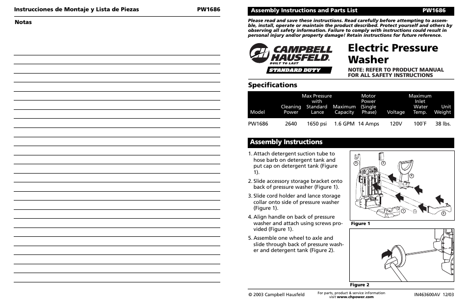 Campbell Hausfeld PW1686 User Manual | 5 pages