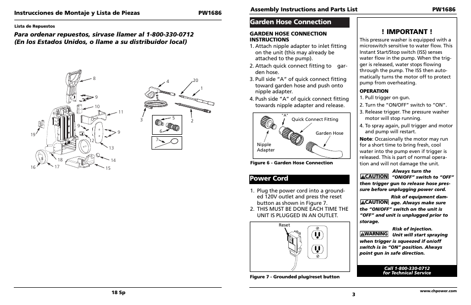 Garden hose connection, Important, Power cord | Instrucciones de montaje y lista de piezas pw1686, Assembly instructions and parts list pw1686 | Campbell Hausfeld PW1686 User Manual | Page 3 / 5