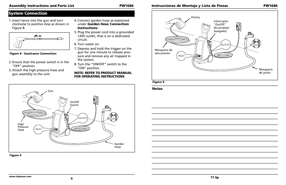 System connection, Instrucciones de montaje y lista de piezas pw1686, Notas | Assembly instructions and parts list pw1686 | Campbell Hausfeld PW1686 User Manual | Page 4 / 5