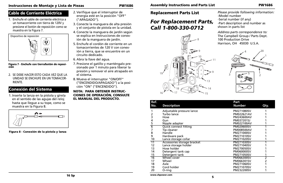 Conexión del sistema, Cable de corriente eléctrica, Replacement parts list | Campbell Hausfeld PW1686 User Manual | Page 5 / 5