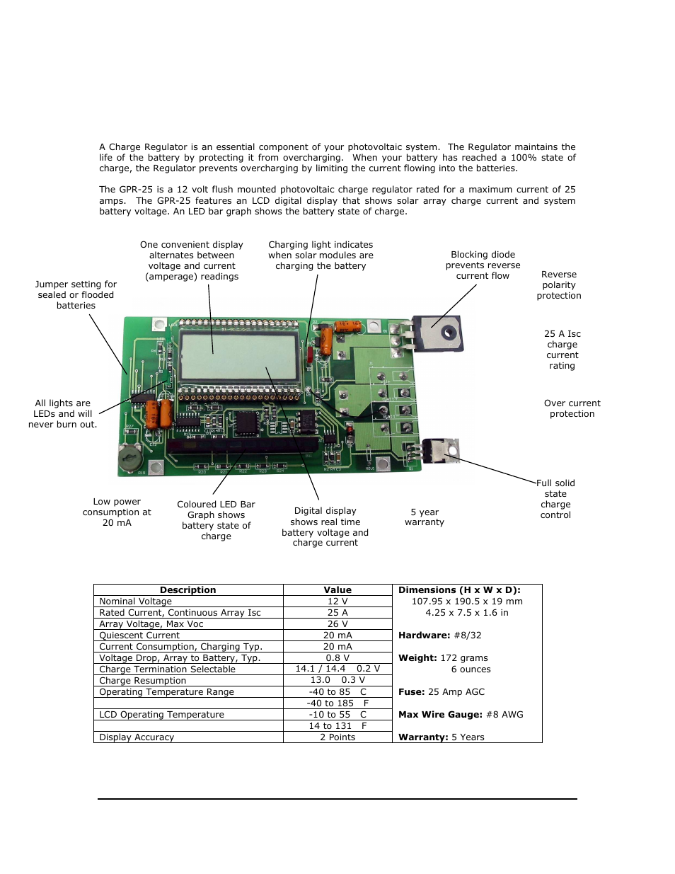 0 installation overview, Introduction, Specifications | Go Power! GPR-25 User Manual | Page 4 / 17