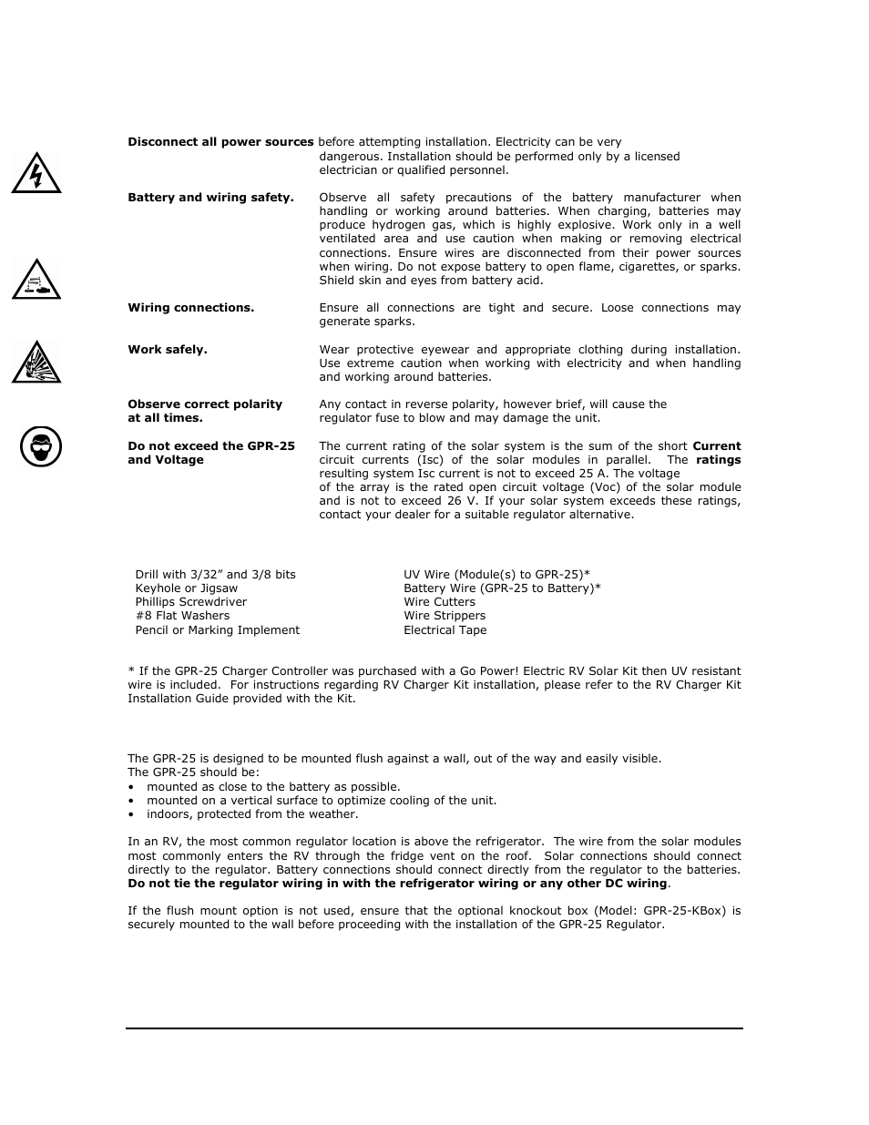 Warnings, Tools and materials needed, Choosing a location | Go Power! GPR-25 User Manual | Page 5 / 17