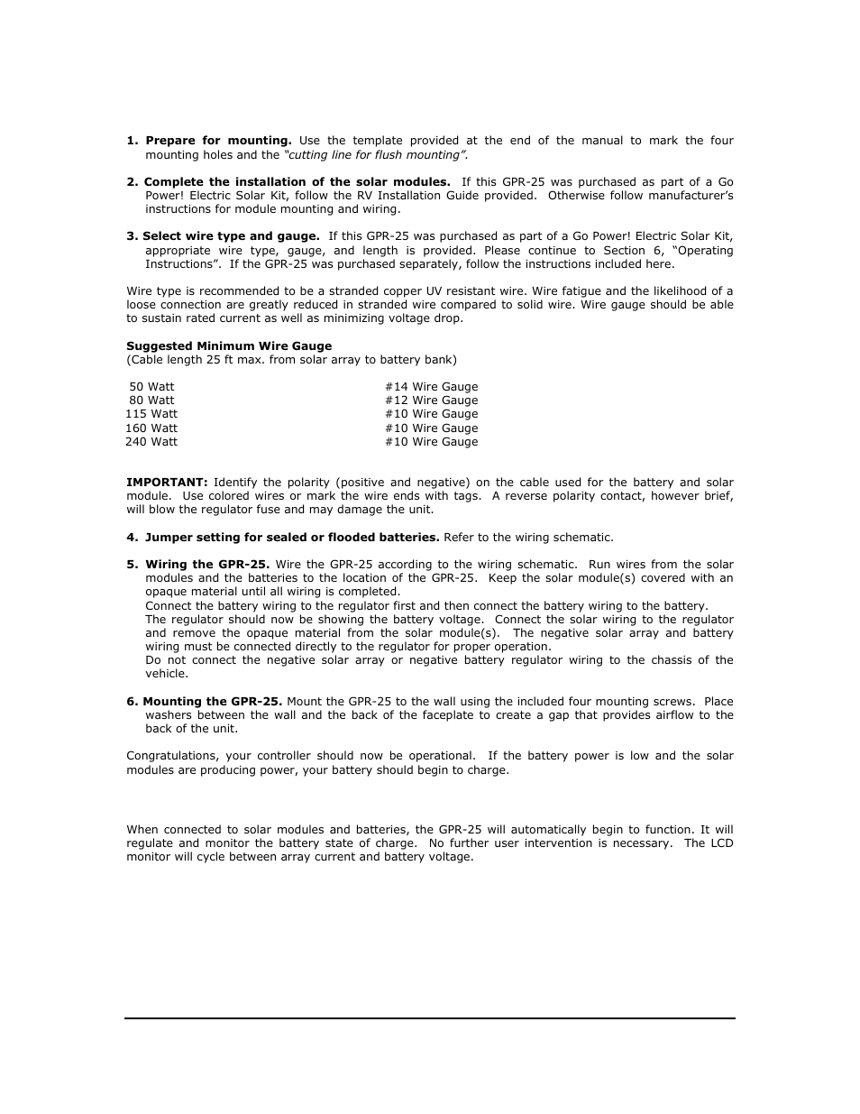 Installation instructions, Operating instructions | Go Power! GPR-25 User Manual | Page 6 / 17