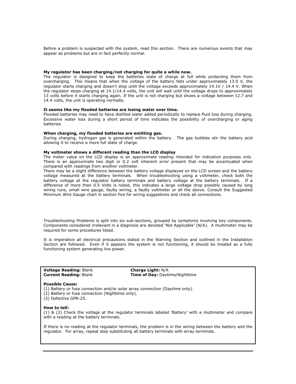 Before you read troubleshooting, Troubleshooting problems, 1 problems with both voltage & current | Go Power! GPR-25 User Manual | Page 8 / 17