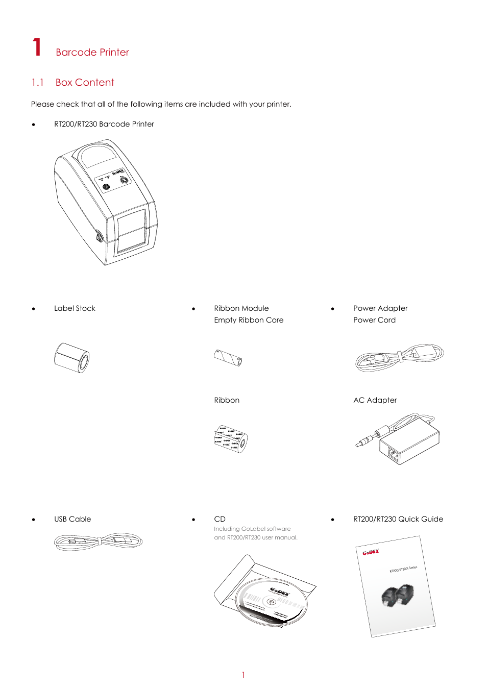 Barcode printer 1.1 box content | GoDEX RT200 series User Manual | Page 5 / 52