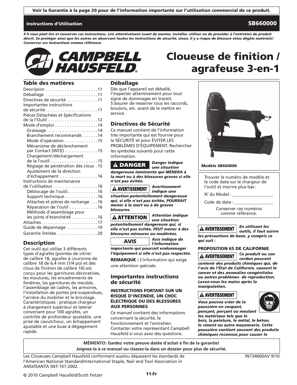 Cloueuse de finition / agrafeuse 3-en-1 | Campbell Hausfeld IN734600AV User Manual | Page 11 / 32