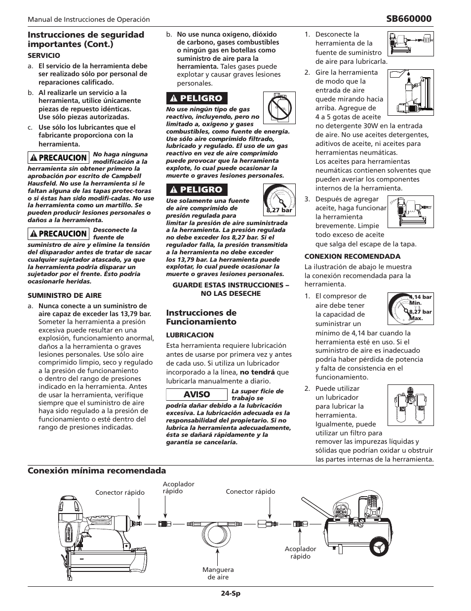 Instrucciones de funcionamiento, Instrucciones de seguridad importantes (cont.), Conexión mínima recomendada | Campbell Hausfeld IN734600AV User Manual | Page 24 / 32