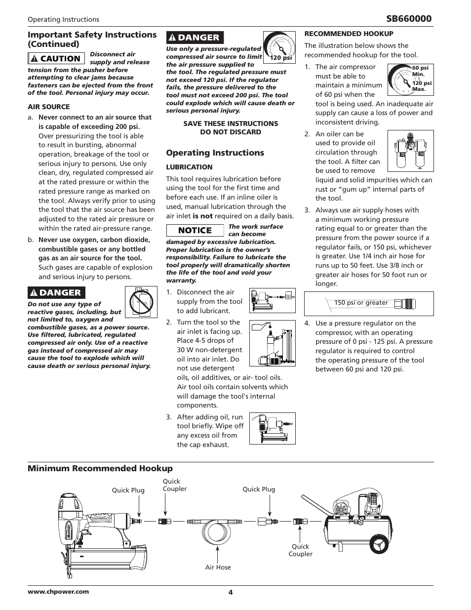 Important safety instructions (continued), Operating instructions, Minimum recommended hookup | Campbell Hausfeld IN734600AV User Manual | Page 4 / 32