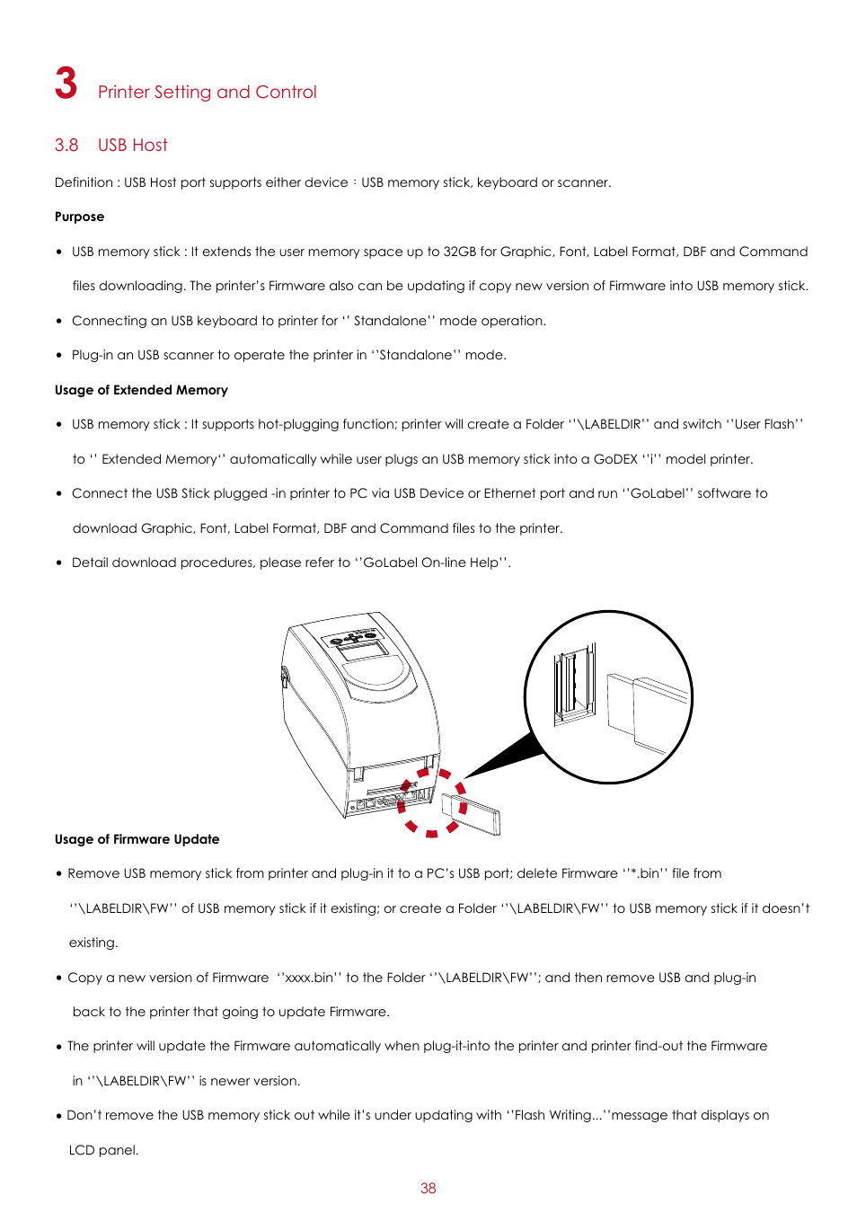 Printer setting and control 3.8 usb host | GoDEX RT200i series User Manual | Page 42 / 69