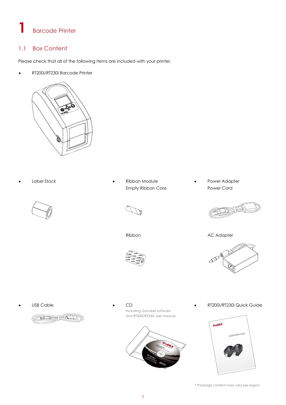 Barcode printer 1.1 box content | GoDEX RT200i series User Manual | Page 5 / 69