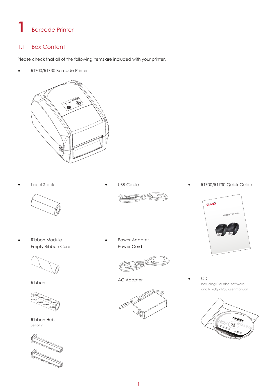 Barcode printer 1.1 box content | GoDEX RT700 series User Manual | Page 5 / 52