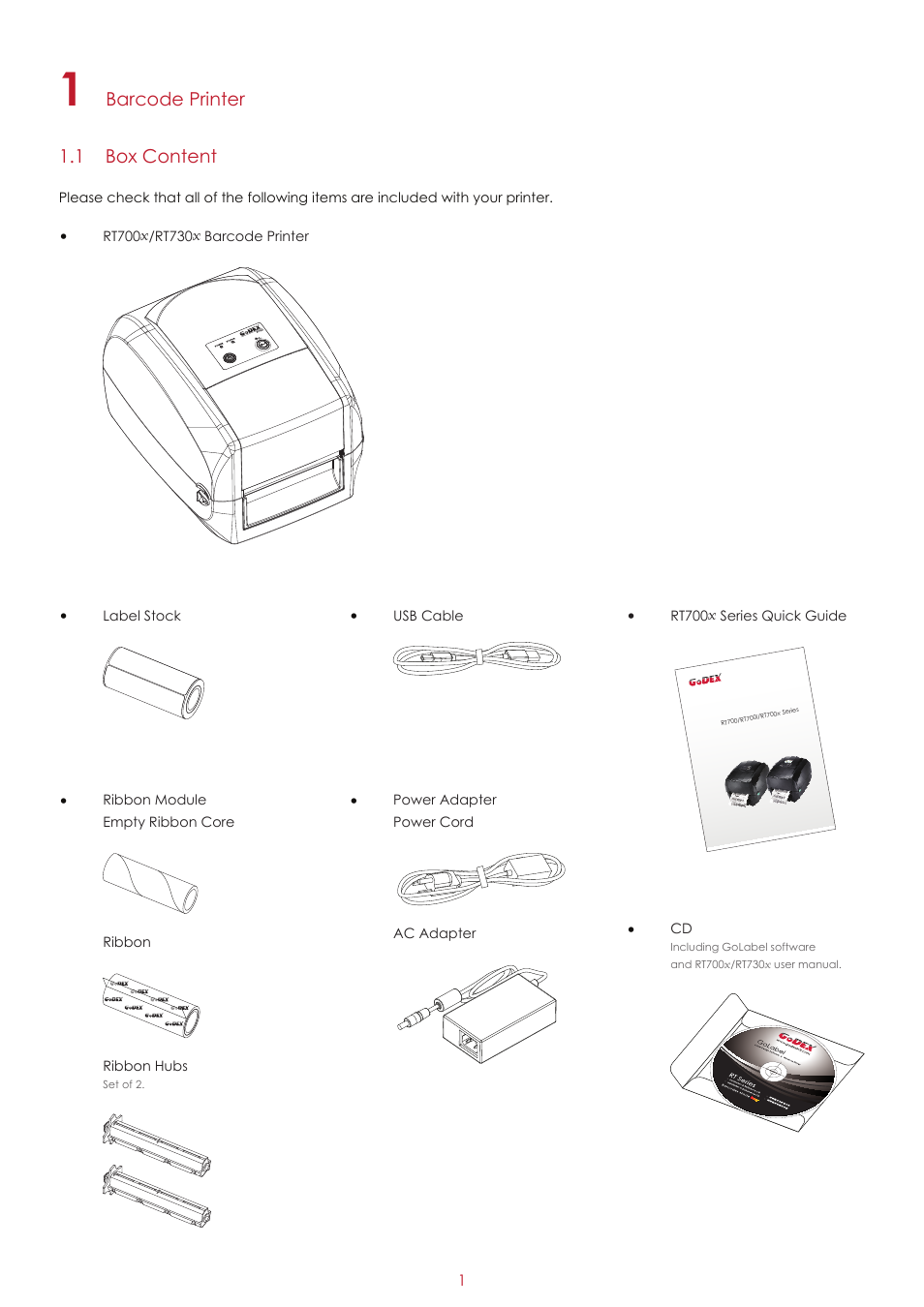 Barcode printer 1.1 box content | GoDEX RT700x series User Manual | Page 5 / 56
