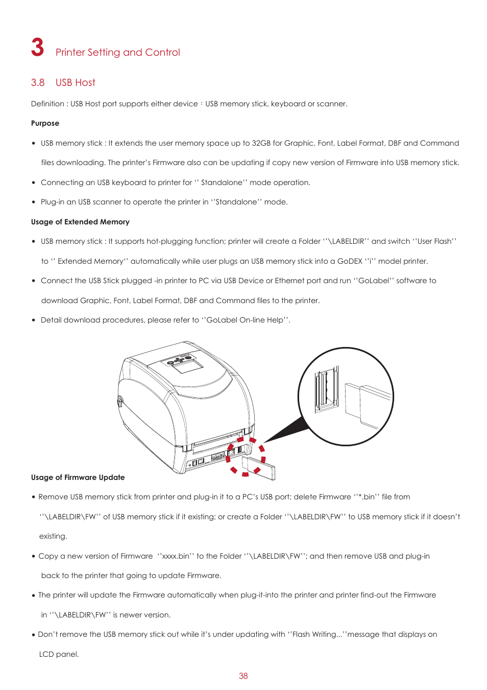 Printer setting and control 3.8 usb host | GoDEX RT700i series User Manual | Page 42 / 76