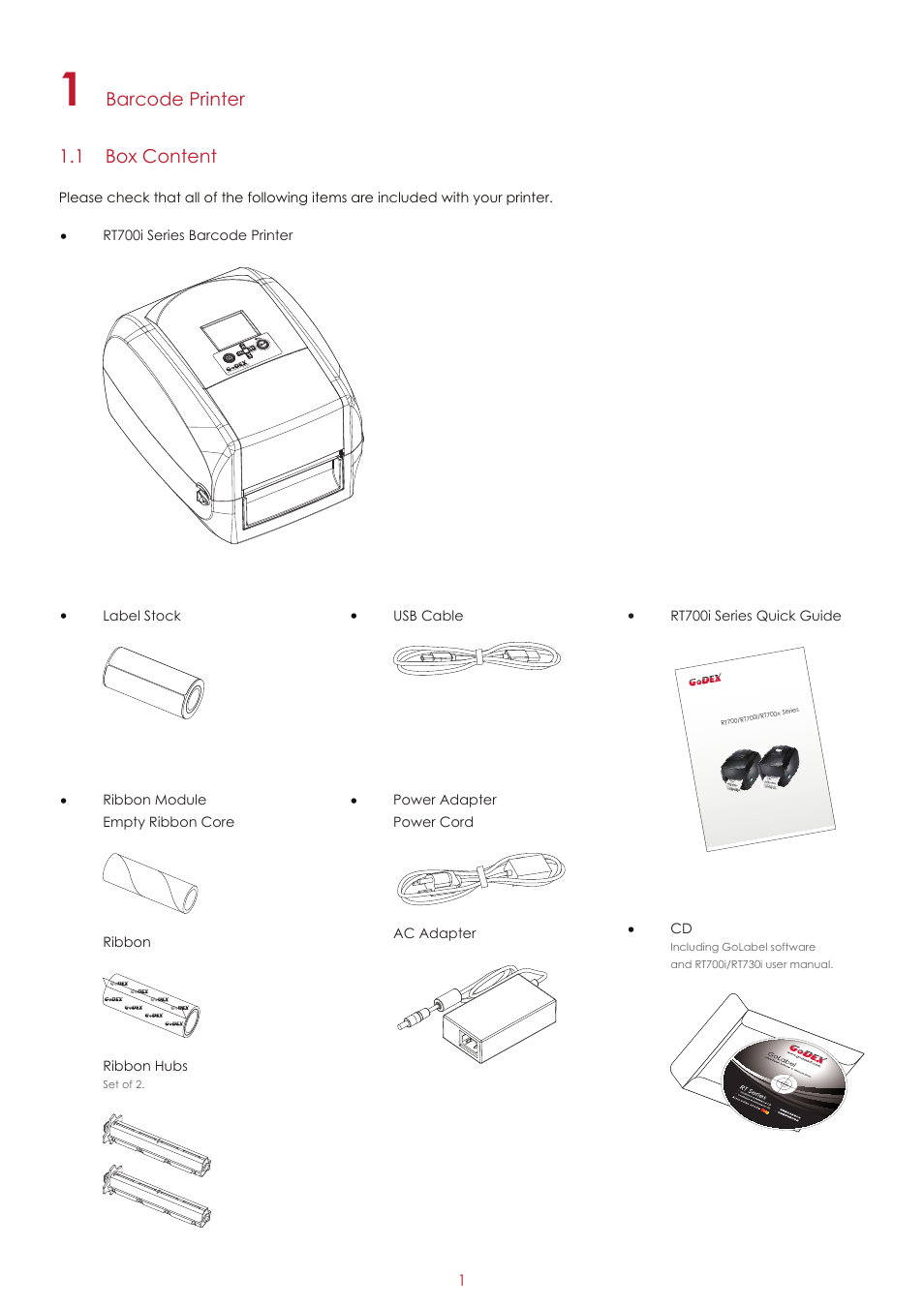 Barcode printer 1.1 box content | GoDEX RT700iW series User Manual | Page 5 / 79