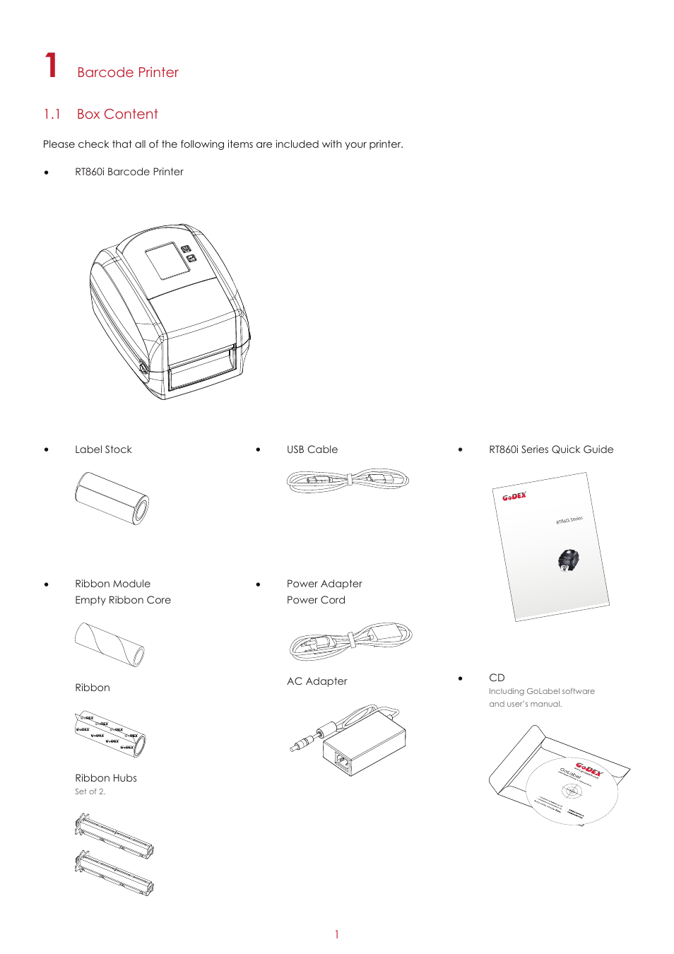 Barcode printer 1.1 box content | GoDEX RT860i User Manual | Page 5 / 68