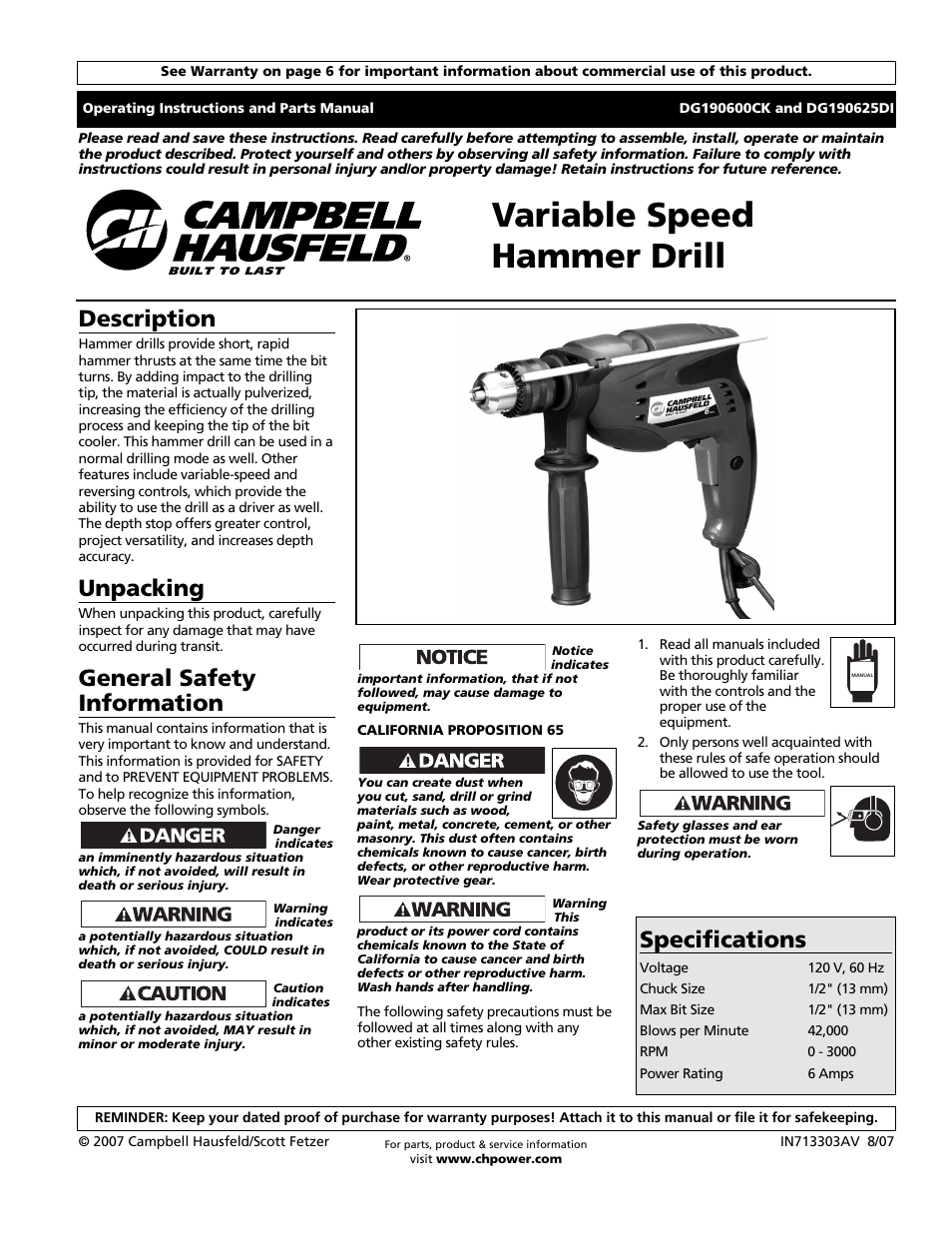 Campbell Hausfeld DG190625DI User Manual | 20 pages