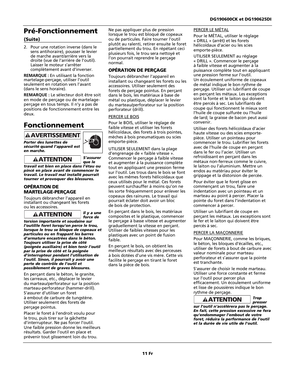 Fonctionnement, Pré-fonctionnement | Campbell Hausfeld DG190625DI User Manual | Page 11 / 20