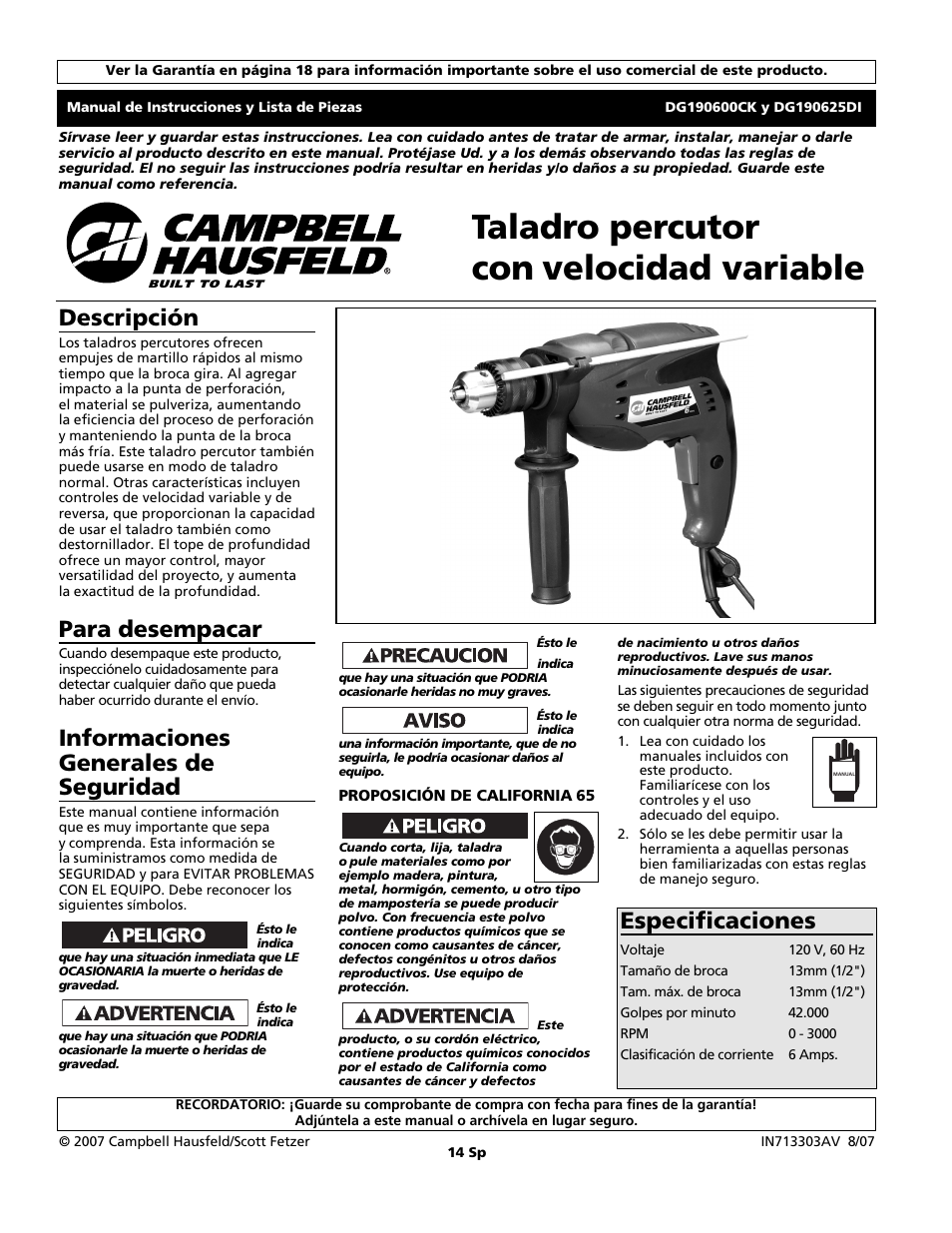 Taladro percutor con velocidad variable, Descripción, Para desempacar | Informaciones generales de seguridad, Especificaciones | Campbell Hausfeld DG190625DI User Manual | Page 14 / 20