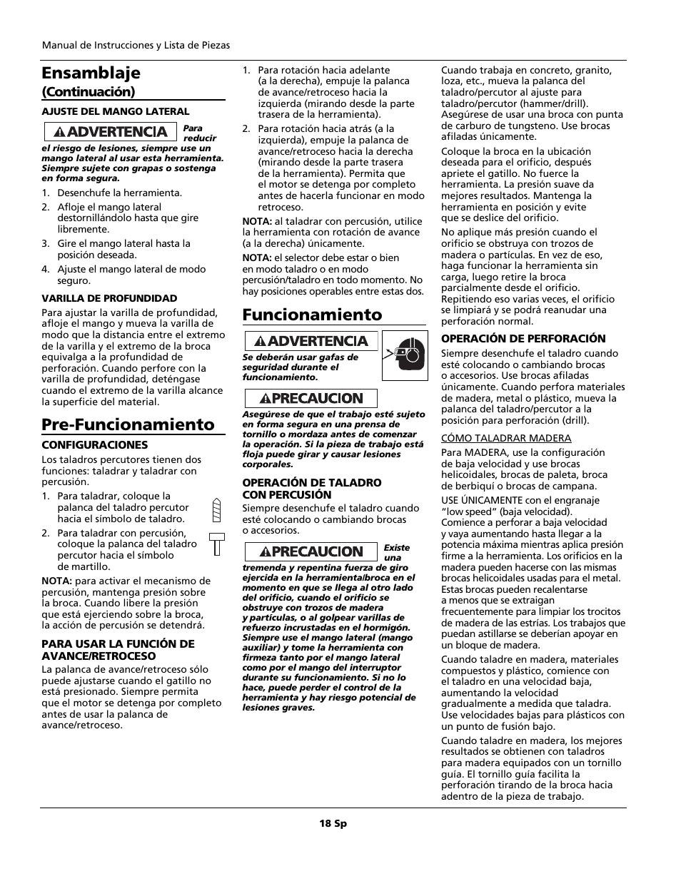 Ensamblaje, Pre-funcionamiento, Funcionamiento | Continuación) | Campbell Hausfeld DG190625DI User Manual | Page 18 / 20