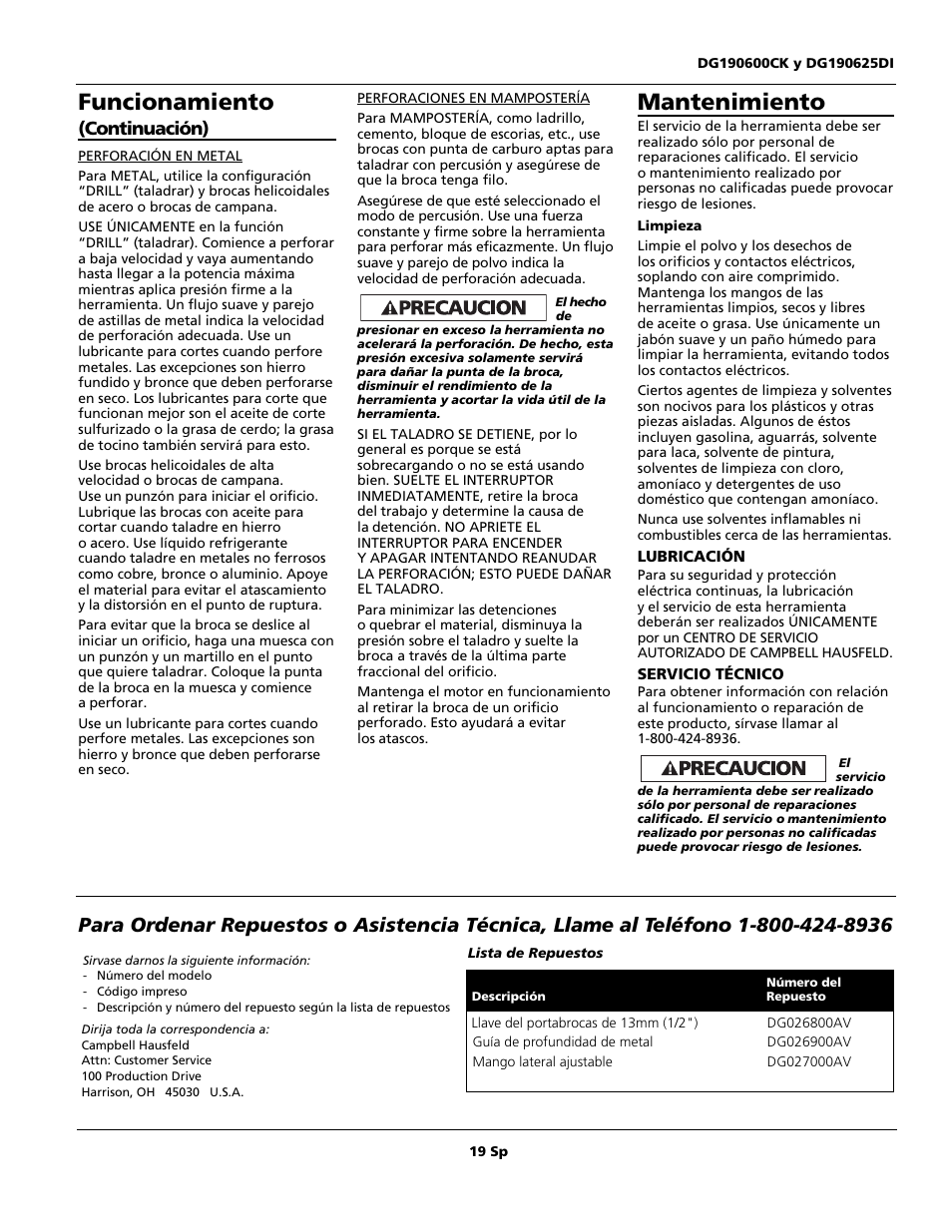 Funcionamiento, Mantenimiento, Continuación) | Campbell Hausfeld DG190625DI User Manual | Page 19 / 20