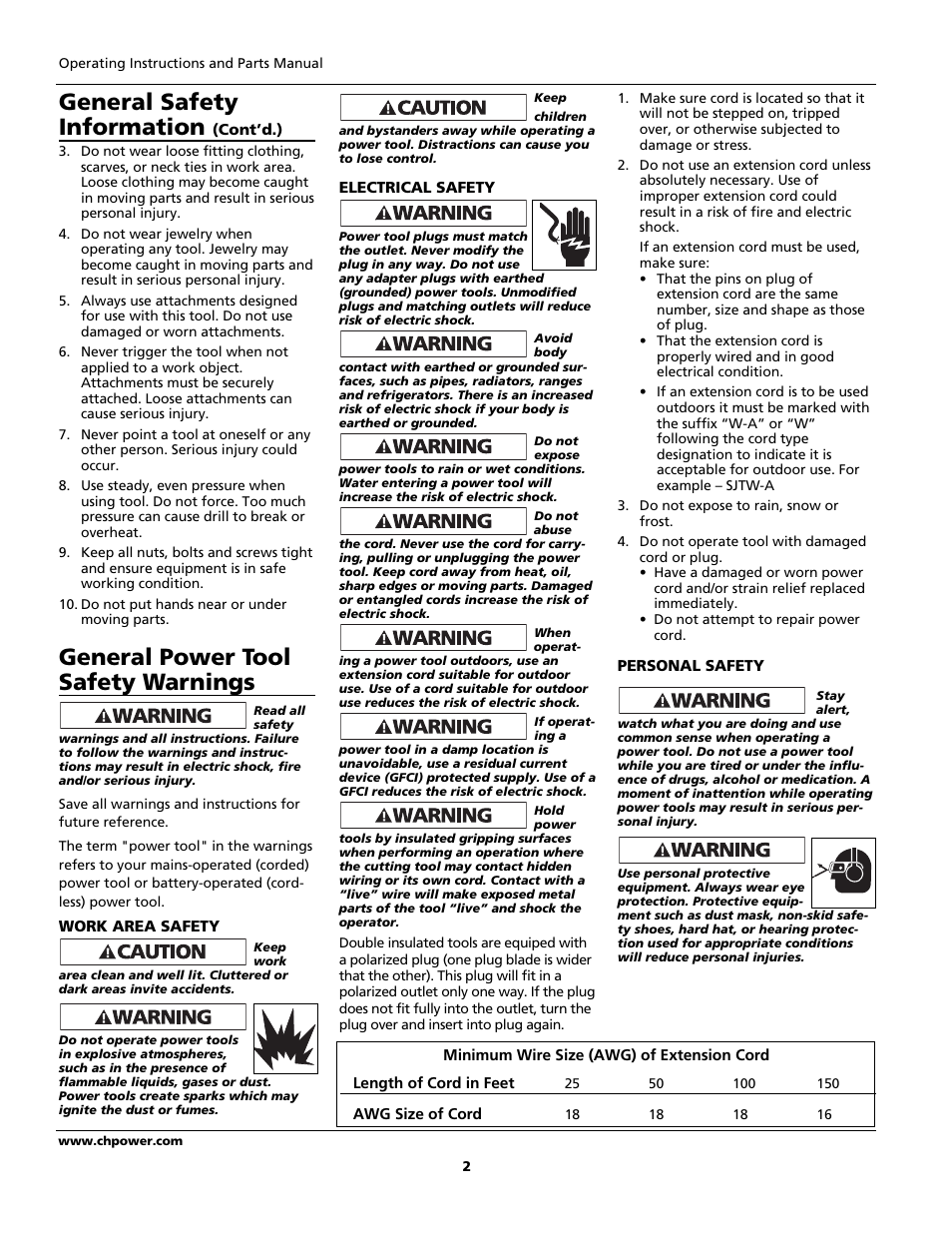 General safety information, General power tool safety warnings | Campbell Hausfeld DG190625DI User Manual | Page 2 / 20