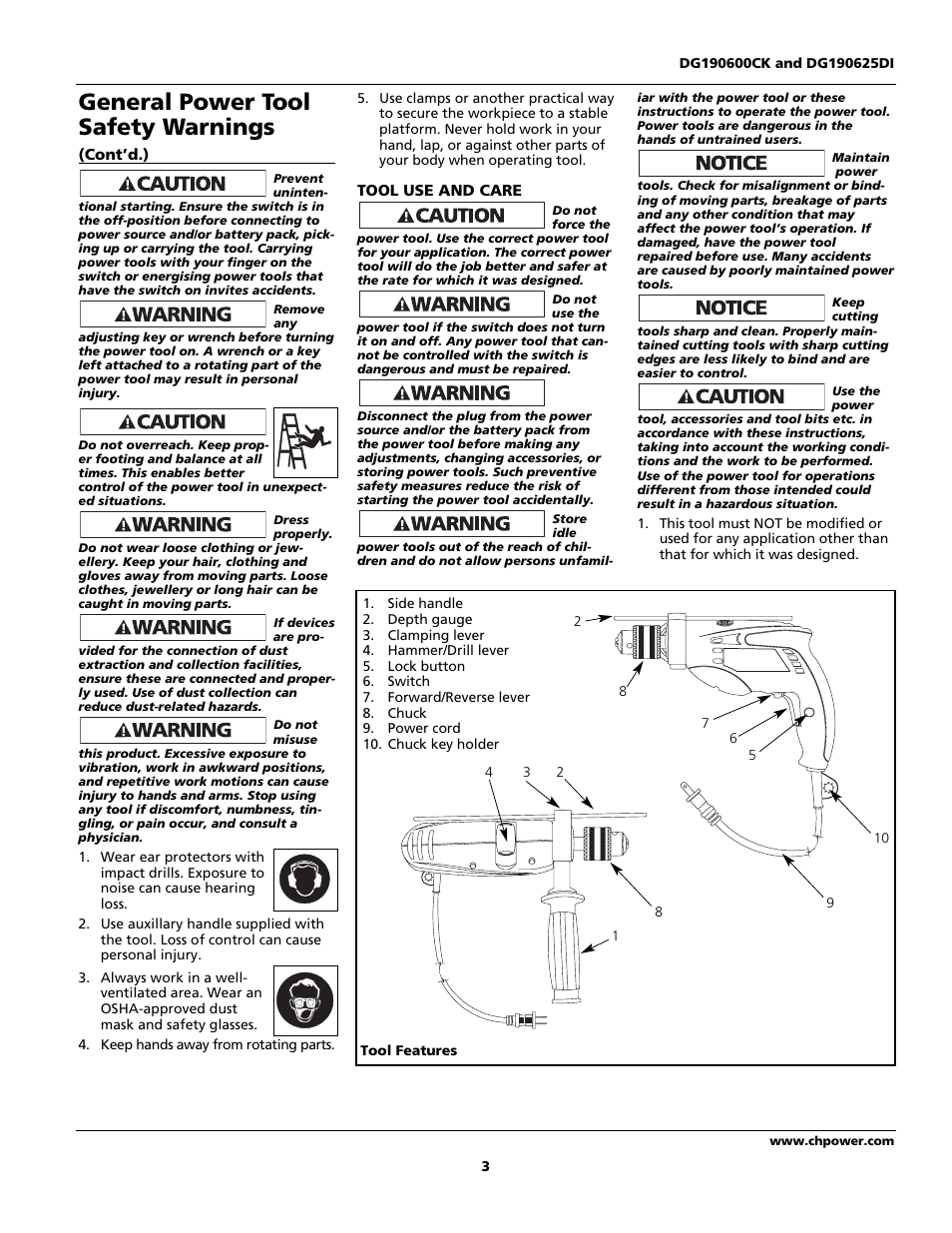 General power tool safety warnings | Campbell Hausfeld DG190625DI User Manual | Page 3 / 20