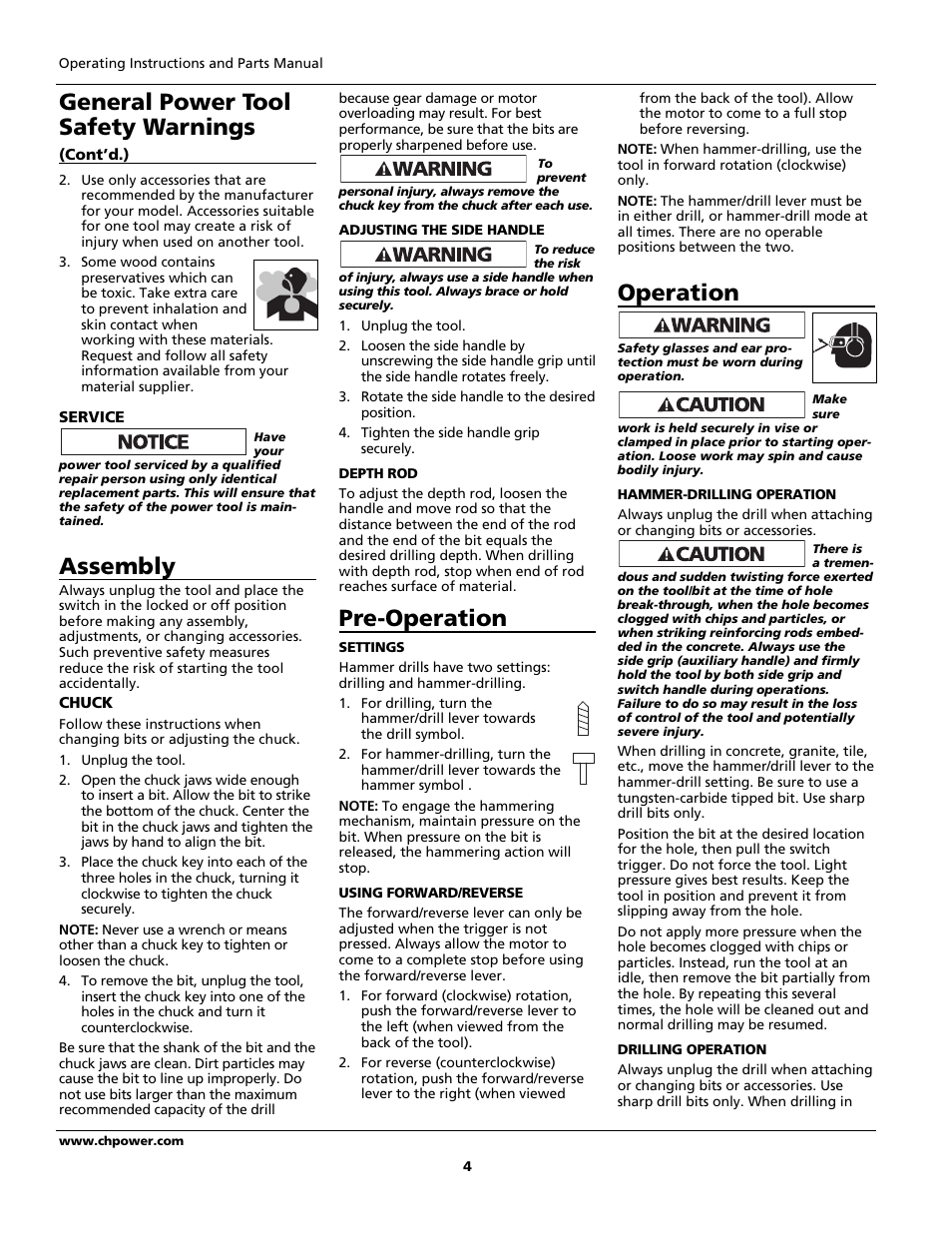 General power tool safety warnings, Assembly, Pre-operation | Operation | Campbell Hausfeld DG190625DI User Manual | Page 4 / 20