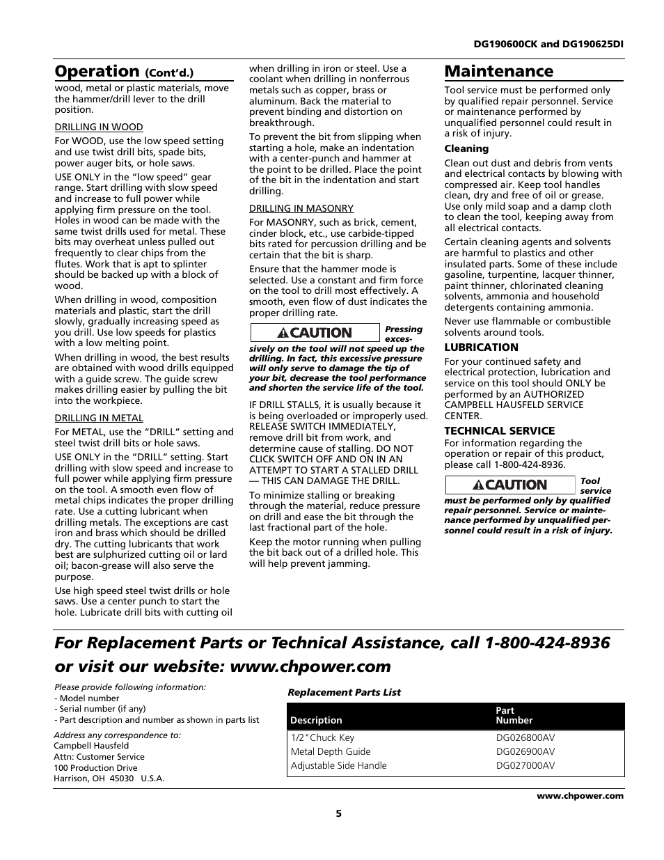 Operation, Maintenance | Campbell Hausfeld DG190625DI User Manual | Page 5 / 20