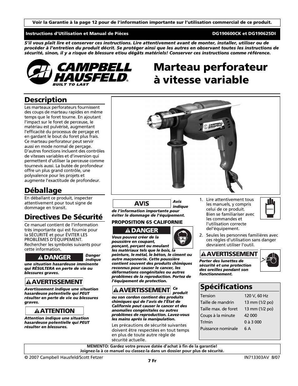 Marteau perforateur à vitesse variable, Description, Déballage | Directives de sécurité, Spécifications | Campbell Hausfeld DG190625DI User Manual | Page 7 / 20