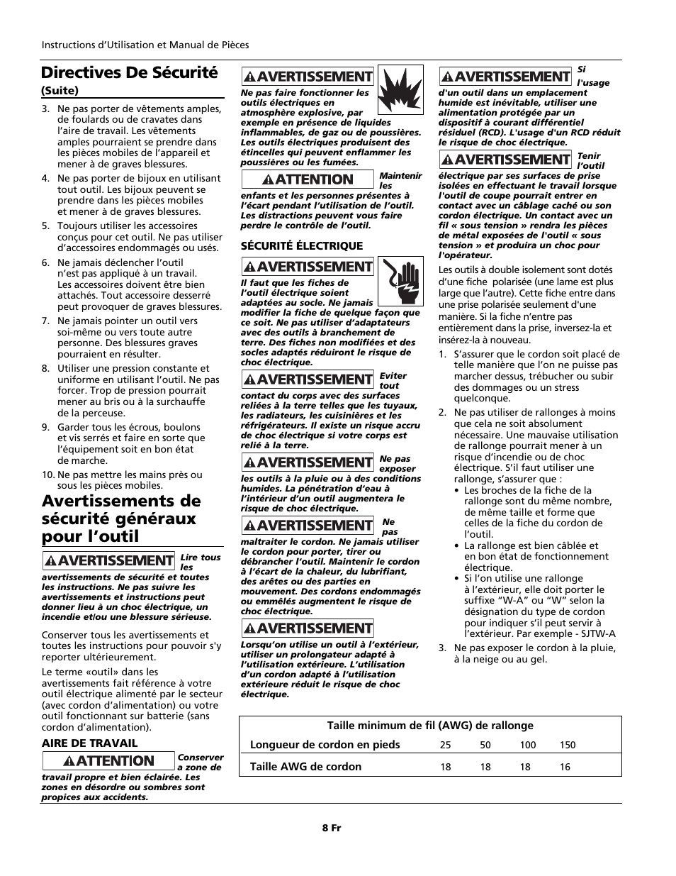 Avertissements de sécurité généraux pour l’outil, Directives de sécurité | Campbell Hausfeld DG190625DI User Manual | Page 8 / 20