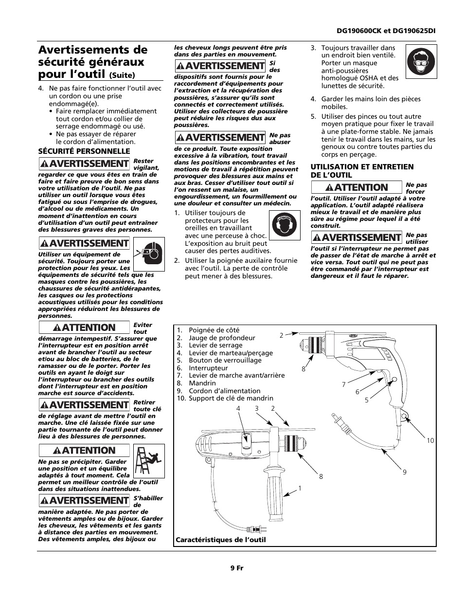 Avertissements de sécurité généraux pour l’outil | Campbell Hausfeld DG190625DI User Manual | Page 9 / 20