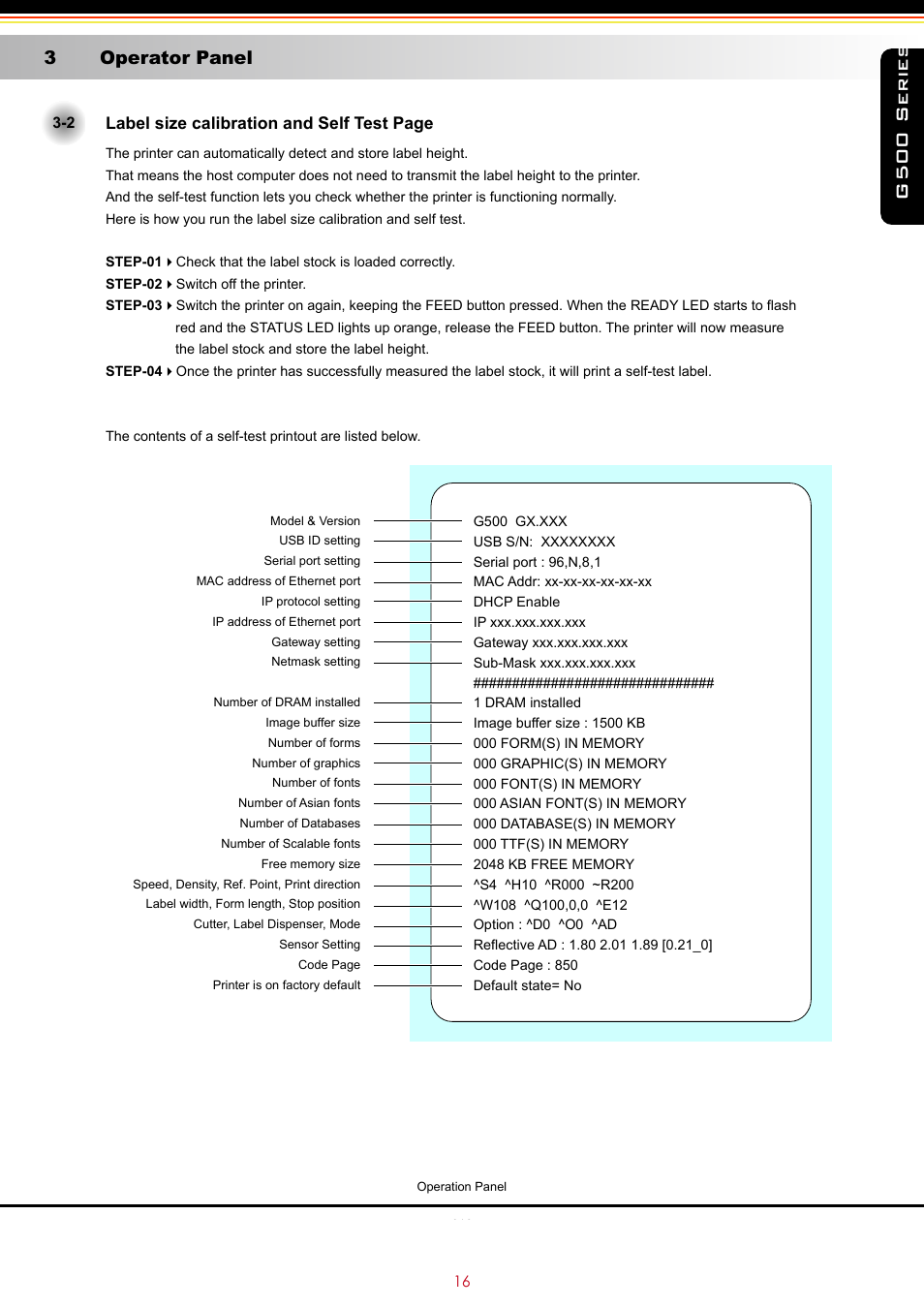 G500 series, 3 operator panel, Label size calibration and self test page | GoDEX G500 series User Manual | Page 20 / 45