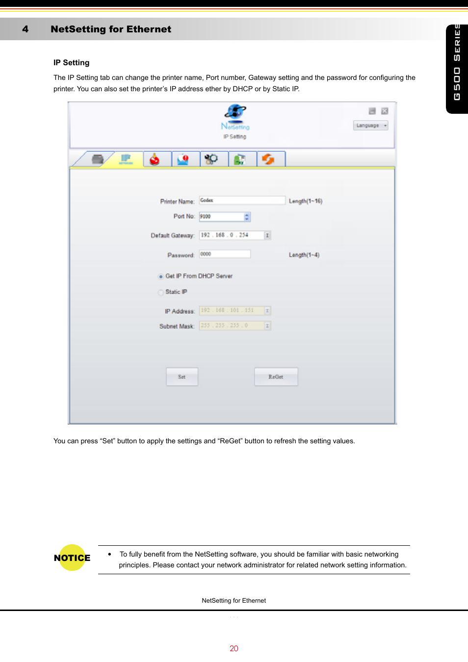 G500 series, 4 netsetting for ethernet | GoDEX G500 series User Manual | Page 24 / 45