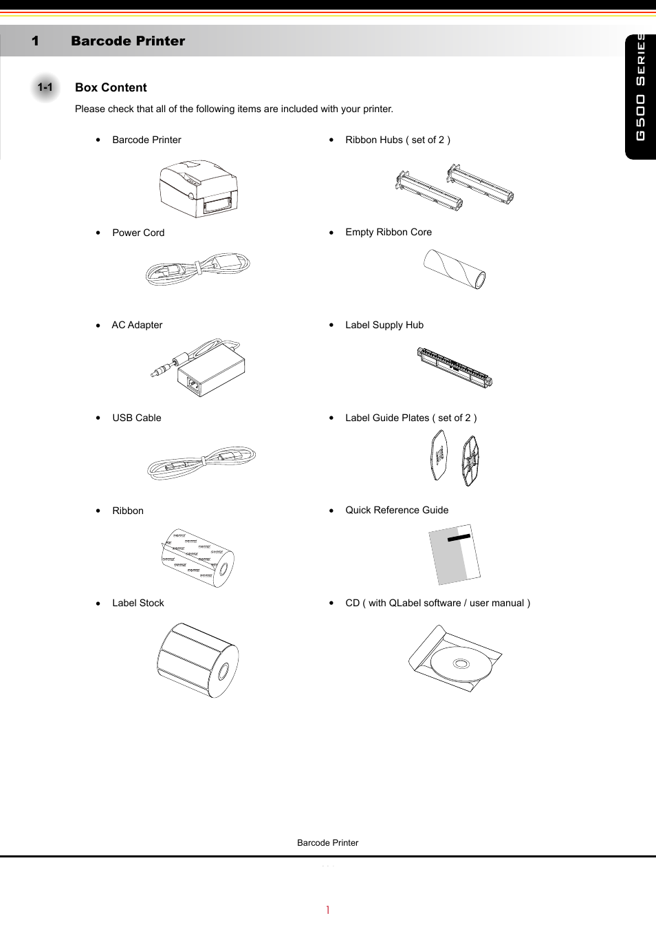 G500 series, 1 barcode printer, Safety instructions | Caution, Box content | GoDEX G500 series User Manual | Page 5 / 45