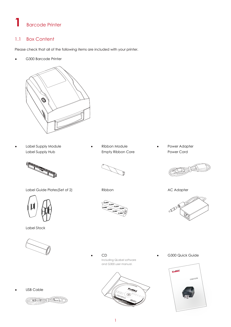 Barcode printer 1.1 box content | GoDEX G300 series User Manual | Page 5 / 39