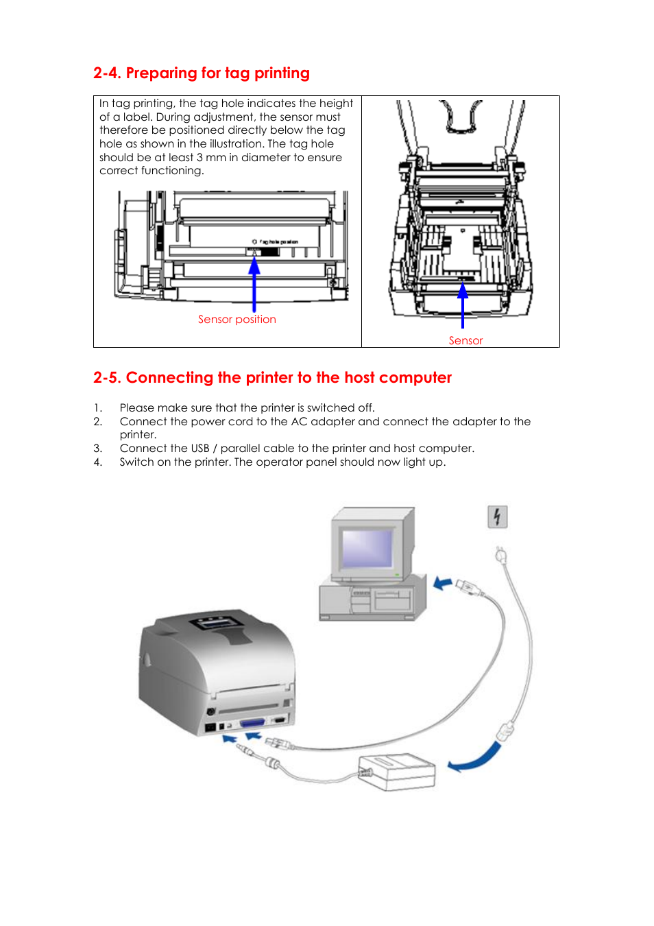 4. preparing for tag printing, 5. connecting the printer to the host computer | GoDEX EZPi1000 series User Manual | Page 15 / 46