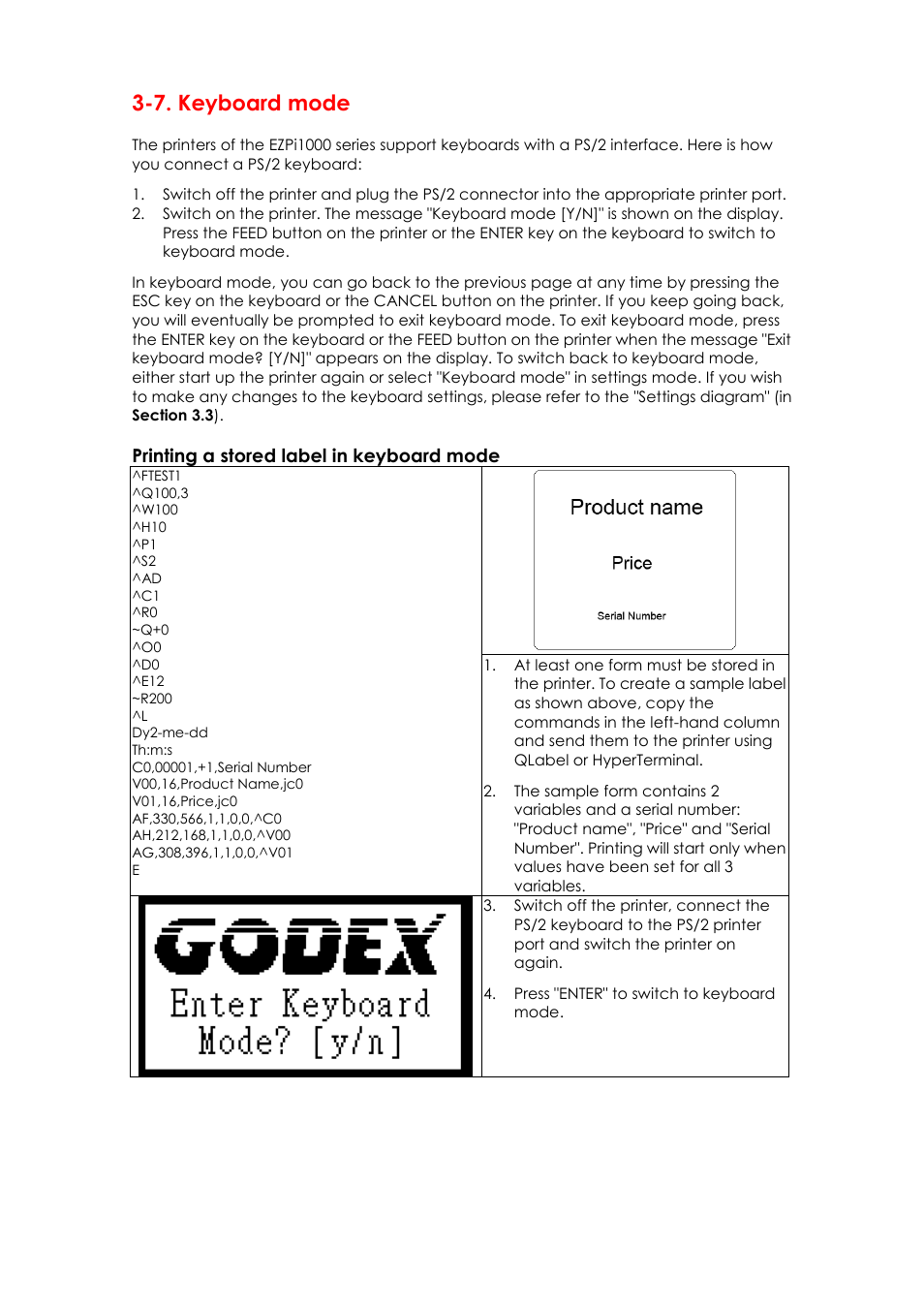 7. keyboard mode, Printing a stored label in keyboard mode | GoDEX EZPi1000 series User Manual | Page 27 / 46