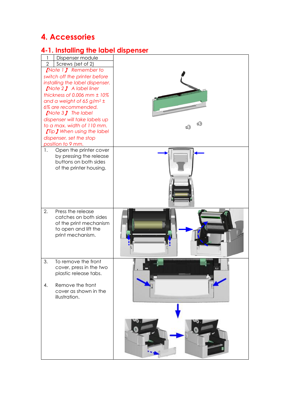 Accessories, 1. installing the label dispenser | GoDEX EZPi1000 series User Manual | Page 32 / 46