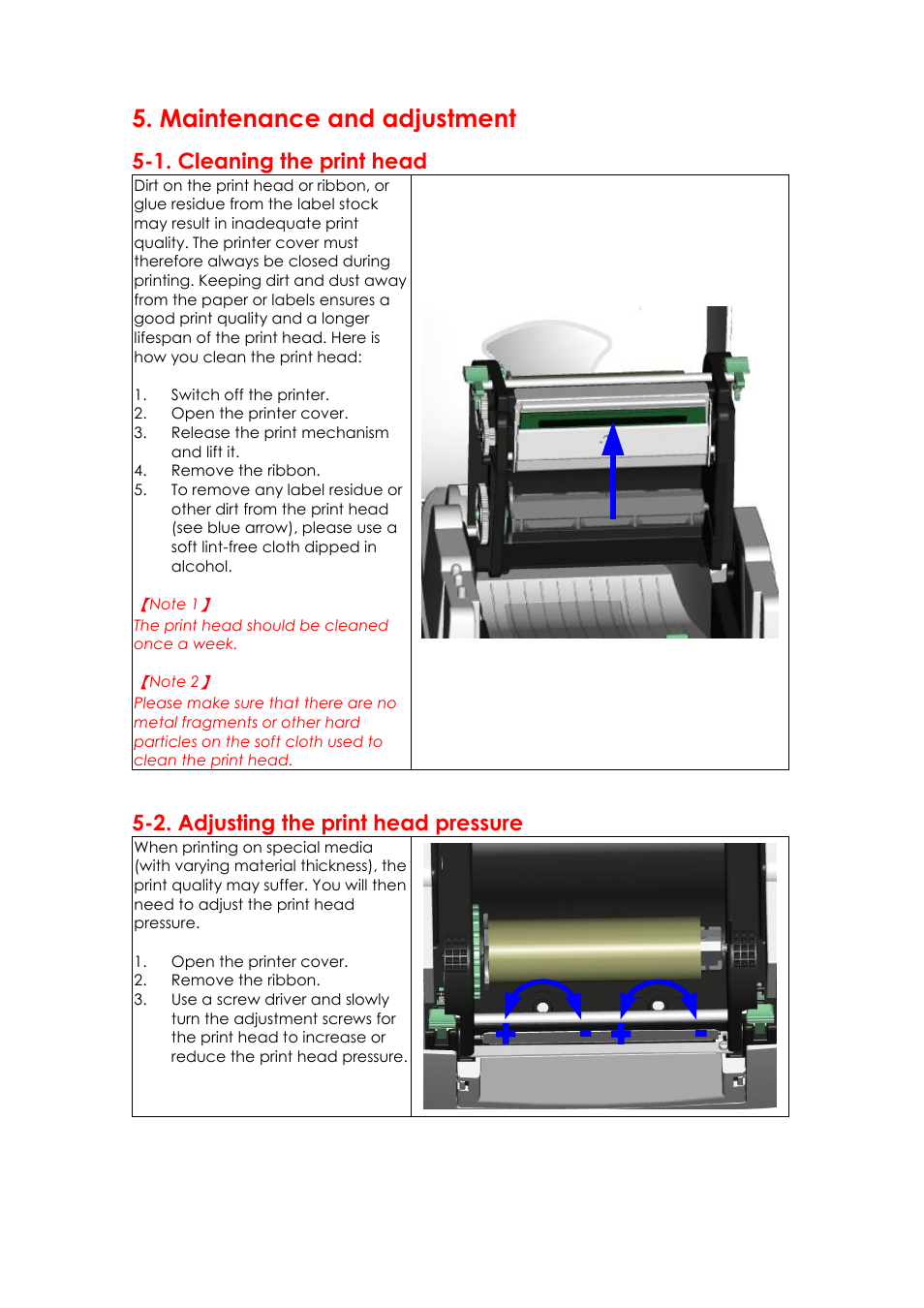 Maintenance and adjustment, 1. cleaning the print head, 2. adjusting the print head pressure | GoDEX EZPi1000 series User Manual | Page 44 / 46