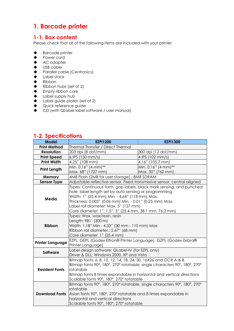 Barcode printer, 1. box content 1-2. specifications, 1. box content | 2. specifications | GoDEX EZPi1000 series User Manual | Page 5 / 46