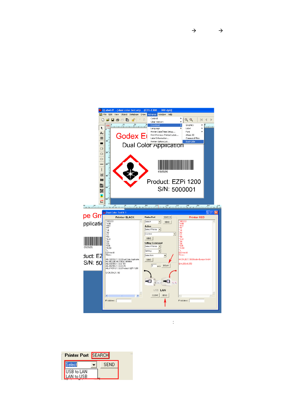 7) print delay setting between printer #1 and #2, 1) port configuration | GoDEX Dual-color Printing System User Manual | Page 10 / 12