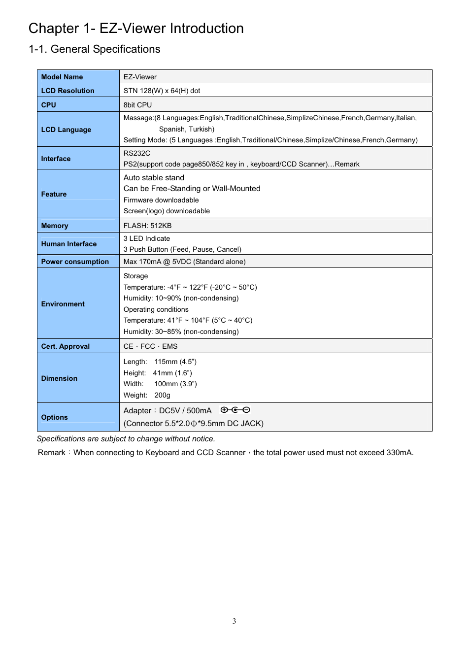 Chapter 1- ez-viewer introduction, 1. general specifications | GoDEX EZ Viewer User Manual | Page 4 / 20