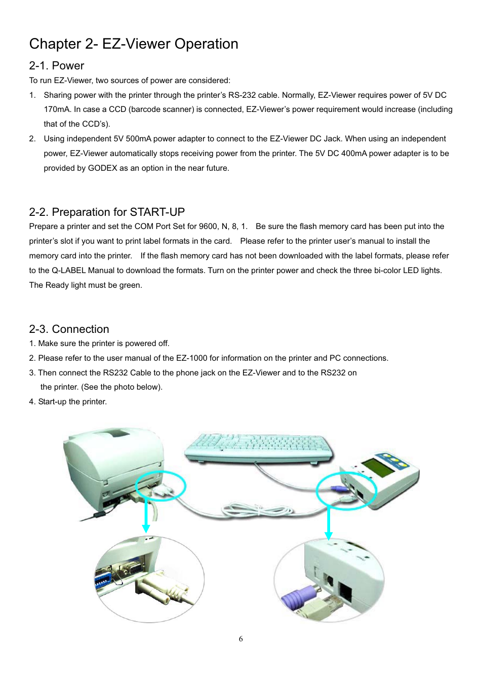 Chapter 2- ez-viewer operation, 1. power, 2. preparation for start-up | 3. connection | GoDEX EZ Viewer User Manual | Page 7 / 20